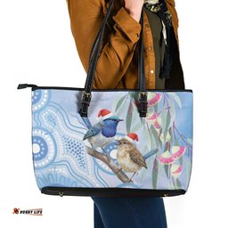 Australia Superb Fairywren Christmas Leather Tote Bag Aboriginal Eucalyptus Blossoms Watercolor LT14