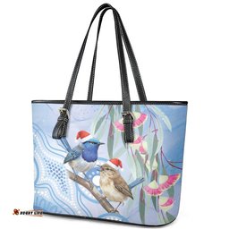 Australia Superb Fairywren Christmas Leather Tote Bag Aboriginal Eucalyptus Blossoms Watercolor LT14
