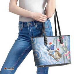 Australia Superb Fairywren Christmas Leather Tote Bag Aboriginal Eucalyptus Blossoms Watercolor LT14