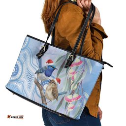 Australia Superb Fairywren Christmas Leather Tote Bag Aboriginal Eucalyptus Blossoms Watercolor LT14