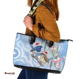 Australia Superb Fairywren Christmas Leather Tote Bag Aboriginal Eucalyptus Blossoms Watercolor LT14