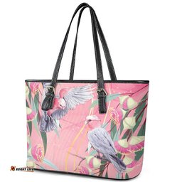 Australia Breast Cancer Awareness Leather Tote Bag Pink Galah with Eucalyptus Flowers LT7