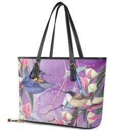 Australia Epilepsy Awareness Leather Tote Bag Purple Fairy Wren with Eucalyptus Flowers LT7