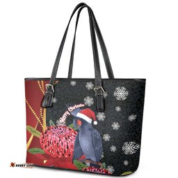 Australia Palm Cockatoo Christmas Leather Tote Bag Probosciger Aterrimus Waratah Merry Chrissie LT14