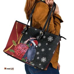 Australia Palm Cockatoo Christmas Leather Tote Bag Probosciger Aterrimus Waratah Merry Chrissie LT14