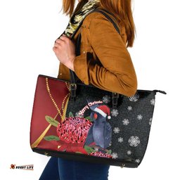 Australia Palm Cockatoo Christmas Leather Tote Bag Probosciger Aterrimus Waratah Merry Chrissie LT14