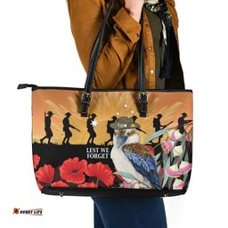 Australia Kookaburra ANZAC Day Leather Tote Bag Rising Sun 25th April Poppy Eucalyptus Blossoms LT14