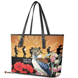 Australia Kookaburra ANZAC Day Leather Tote Bag Rising Sun 25th April Poppy Eucalyptus Blossoms LT14