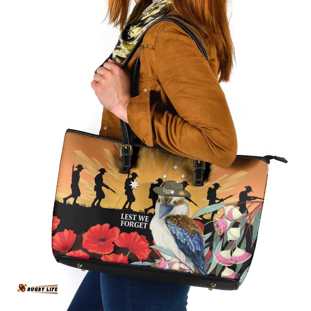 Australia Kookaburra ANZAC Day Leather Tote Bag Rising Sun 25th April Poppy Eucalyptus Blossoms LT14