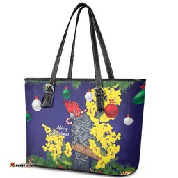 Australia Gang-gang Cockatoo Christmas Leather Tote Bag Callocephalon Fimbriatum Golden Wattle Blue LT14