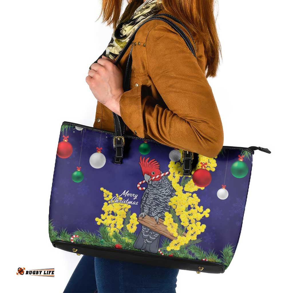 Australia Gang-gang Cockatoo Christmas Leather Tote Bag Callocephalon Fimbriatum Golden Wattle Blue LT14