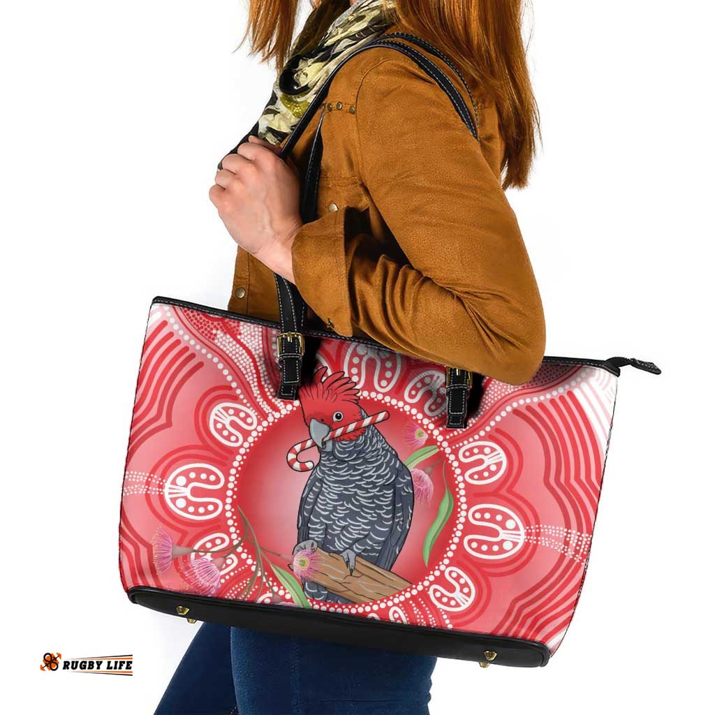 Australia Gang-gang Cockatoo Christmas Leather Tote Bag Eucalyptus Blossoms Aboriginal Merry Xmas LT14