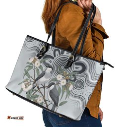 Australia Grey Butcherbird Leather Tote Bag Eucalyptus Alba Indigenous Art LT14