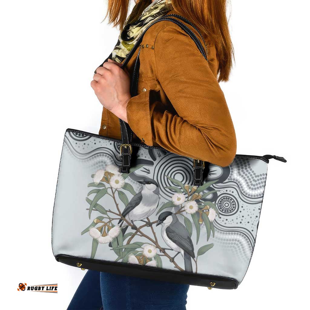 Australia Grey Butcherbird Leather Tote Bag Eucalyptus Alba Indigenous Art LT14