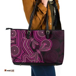 Australia Breast Cancer Awareness Leather Tote Bag Pink Dragonflies Aboriginal Art LT14