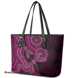 Australia Breast Cancer Awareness Leather Tote Bag Pink Dragonflies Aboriginal Art LT14
