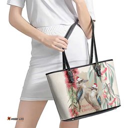 Australia Kookaburra Christmas Leather Tote Bag Bottlebrush Eucalyptus Blossoms Watercolor LT14