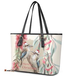 Australia Kookaburra Christmas Leather Tote Bag Bottlebrush Eucalyptus Blossoms Watercolor LT14