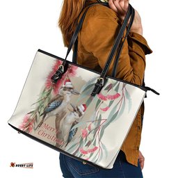 Australia Kookaburra Christmas Leather Tote Bag Bottlebrush Eucalyptus Blossoms Watercolor LT14