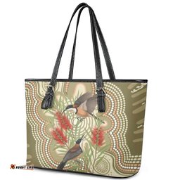 Australia Eastern Spinebill Leather Tote Bag Aussie Honeyeater Bottlebrush Indigenous Art LT14