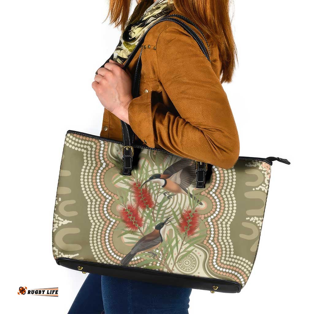 Australia Eastern Spinebill Leather Tote Bag Aussie Honeyeater Bottlebrush Indigenous Art LT14