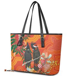 Australia Black Cockatoo Christmas Leather Tote Bag Banksia Bottlebrush Aboriginal Art LT14