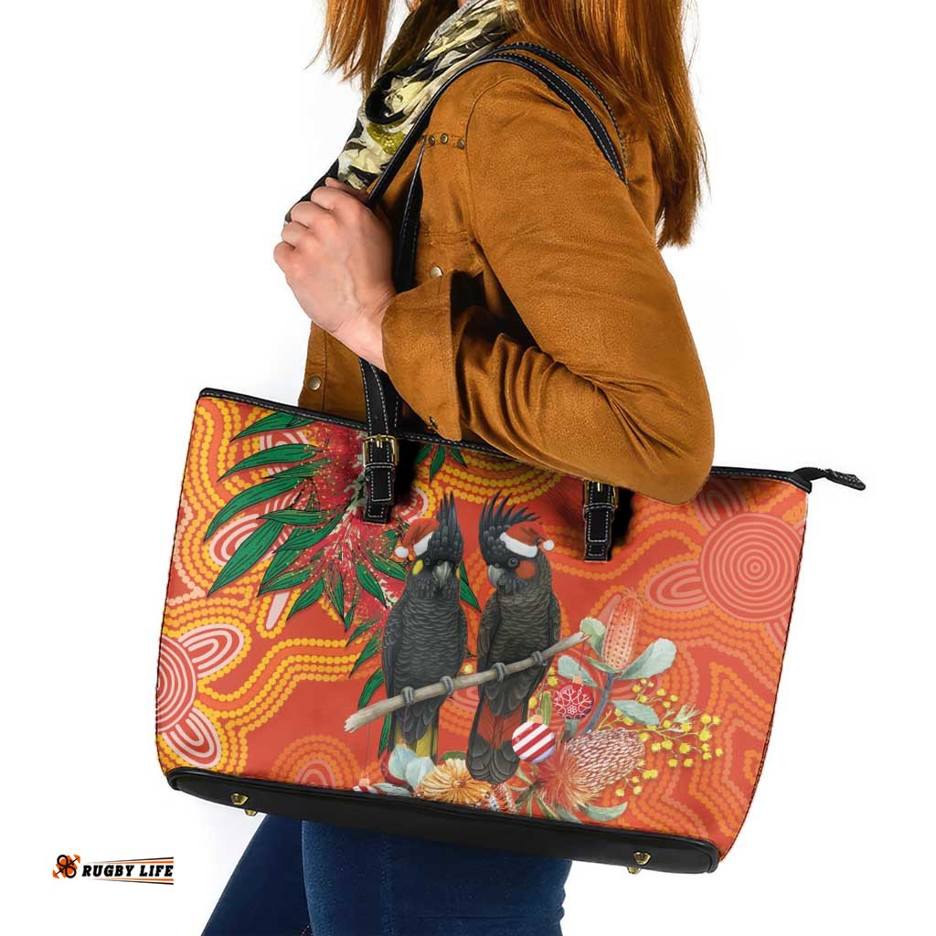 Australia Black Cockatoo Christmas Leather Tote Bag Banksia Bottlebrush Aboriginal Art LT14