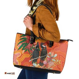 Australia Black Cockatoo Christmas Leather Tote Bag Banksia Bottlebrush Aboriginal Art LT14
