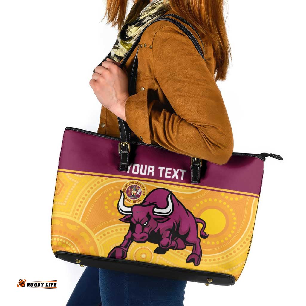 Custom Australia Queensland Cricket Leather Tote Bag Go Bulls - Aboriginal Art LT14