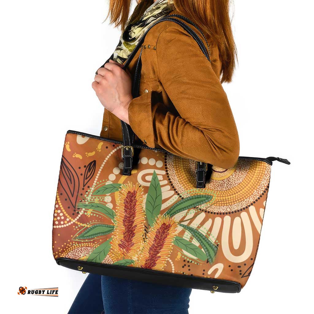 Australia Bottlebrush Leather Tote Bag Callistemon Aussie Native Flowers Indigenous Art LT14