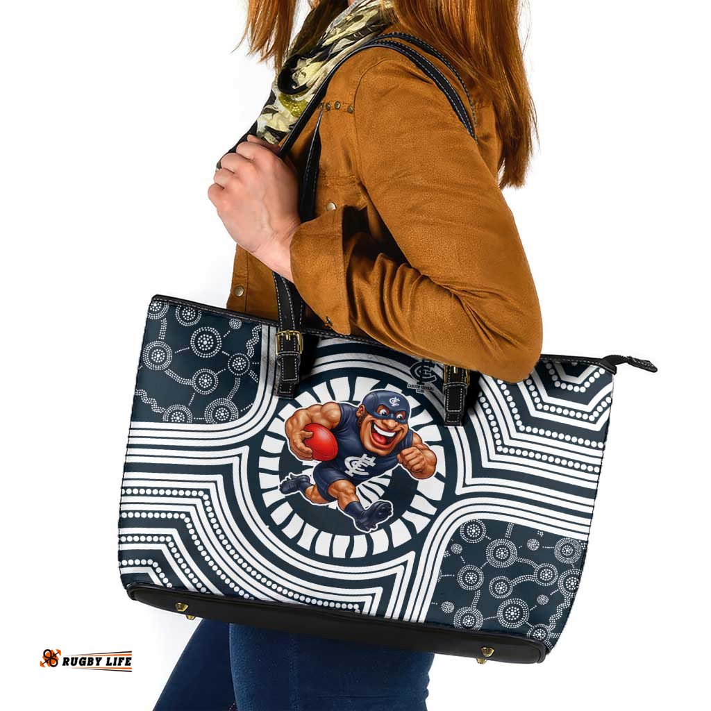 Carlton Football Club Leather Tote Bag Indigenous Monochrome Dot Art Mascot Style TS04