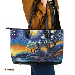 Australian Night Sky Landscape Leather Tote Bag Aboriginal Dreamtime Story LT9