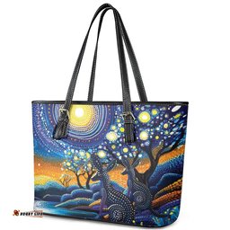 Australian Night Sky Landscape Leather Tote Bag Aboriginal Dreamtime Story LT9
