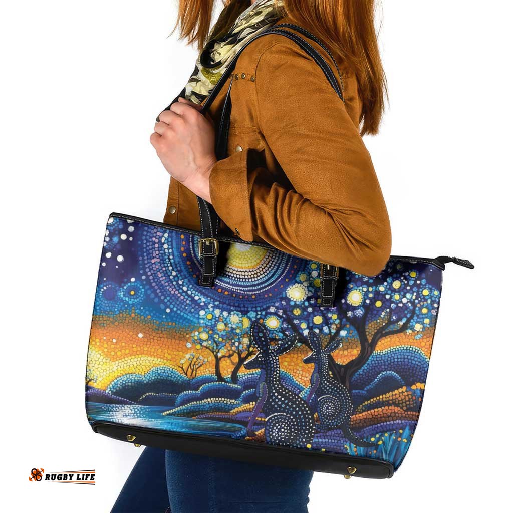 Australian Night Sky Landscape Leather Tote Bag Aboriginal Dreamtime Story LT9