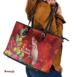 Australia Pink Cockatoo Christmas Leather Tote Bag Aussie Native Flowers Merry Xmas - Red LT14
