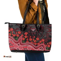 Essendon Bombers ANZAC Day Leather Tote Bag Indigenous Dot Art with Poppy Flower Tribute TS04