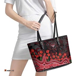 Essendon Bombers ANZAC Day Leather Tote Bag Indigenous Dot Art with Poppy Flower Tribute TS04