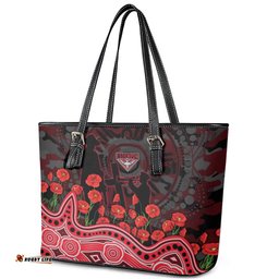 Essendon Bombers ANZAC Day Leather Tote Bag Indigenous Dot Art with Poppy Flower Tribute TS04