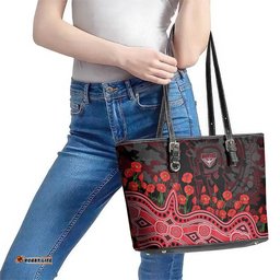 Essendon Bombers ANZAC Day Leather Tote Bag Indigenous Dot Art with Poppy Flower Tribute TS04