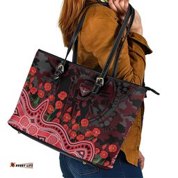 Essendon Bombers ANZAC Day Leather Tote Bag Indigenous Dot Art with Poppy Flower Tribute TS04