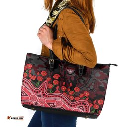 Essendon Bombers ANZAC Day Leather Tote Bag Indigenous Dot Art with Poppy Flower Tribute TS04