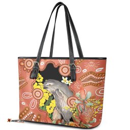 Australia Tawny Frogmouth Leather Tote Bag Golden Wattle Banksia Aboriginal Art LT14
