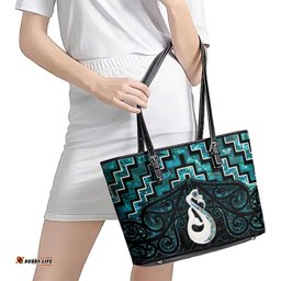 New Zealand Maori Leather Tote Bag Poutama Manaia Turquoise Paua Shell LT05