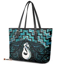 New Zealand Maori Leather Tote Bag Poutama Manaia Turquoise Paua Shell LT05