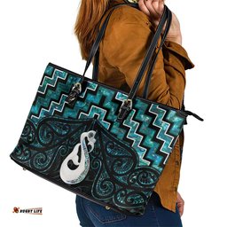 New Zealand Maori Leather Tote Bag Poutama Manaia Turquoise Paua Shell LT05
