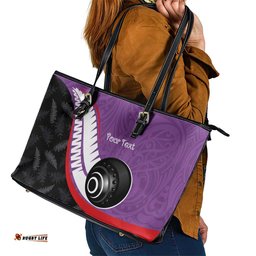 Personalised Aotearoa Lawn Bowls Leather Tote Bag Maori and Silver Fern Sporty Style Purple Color LT03