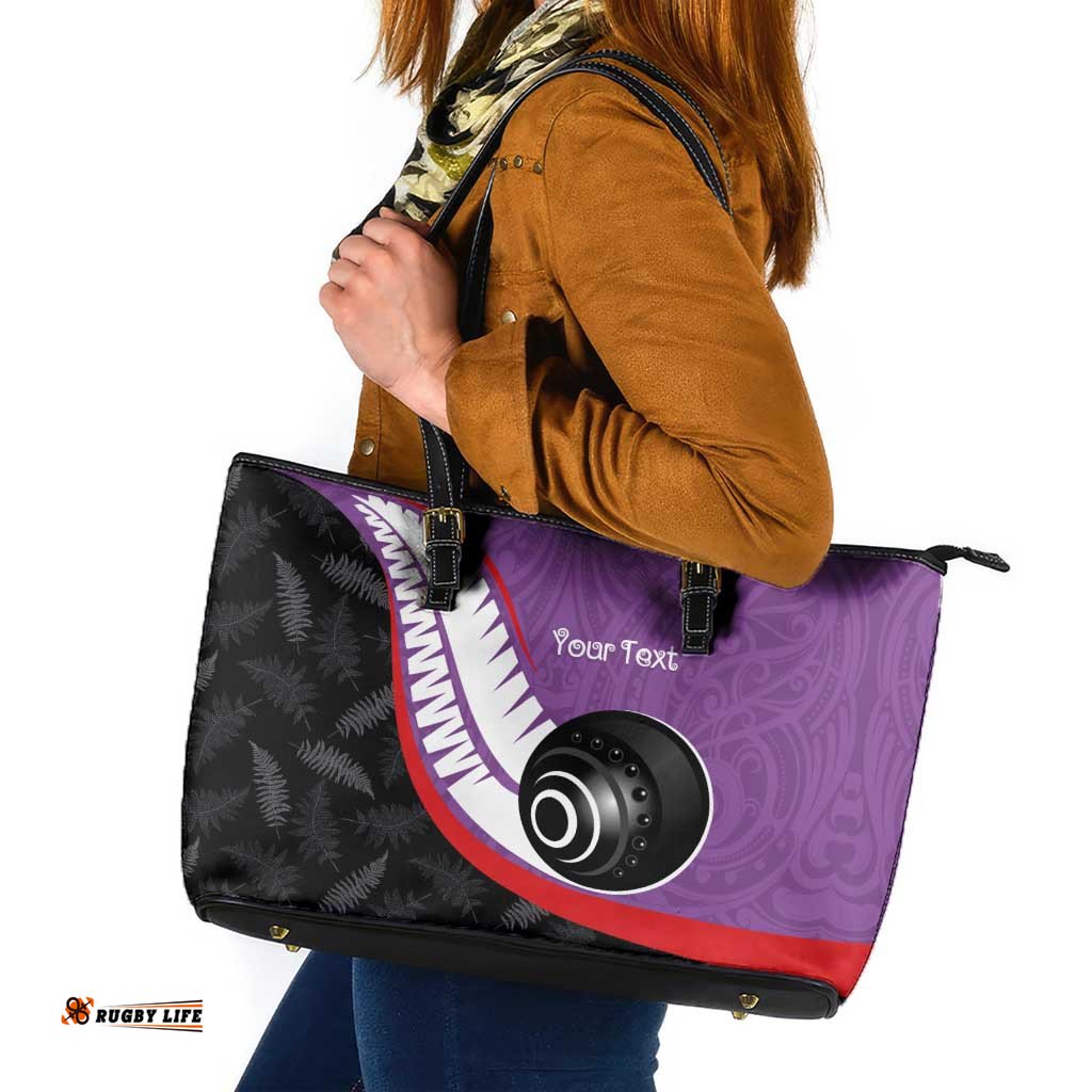 Personalised Aotearoa Lawn Bowls Leather Tote Bag Maori and Silver Fern Sporty Style Purple Color LT03