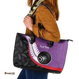 Personalised Aotearoa Lawn Bowls Leather Tote Bag Maori and Silver Fern Sporty Style Purple Color LT03