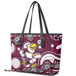 Manly Warringah Sea Eagles Leather Tote Bag Aboriginal Dot Pattern - Rugby Mascot Heritage Pride TS04