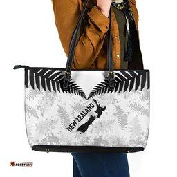 Custom New Zealand Silver Fern Football Leather Tote Bag Go Aotearoa Grunge White LT14